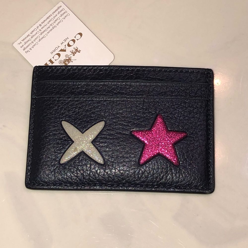 Coach Slim Black Leather Card Case Pink Glitter Star & Iridescent White X NWT